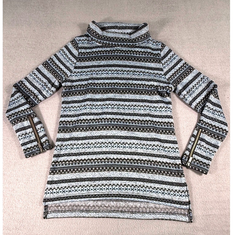Wooly Bully Wear Gray Fair Isle Fleece Pullover Mock‎ Neck Zipper Cuff Womens S